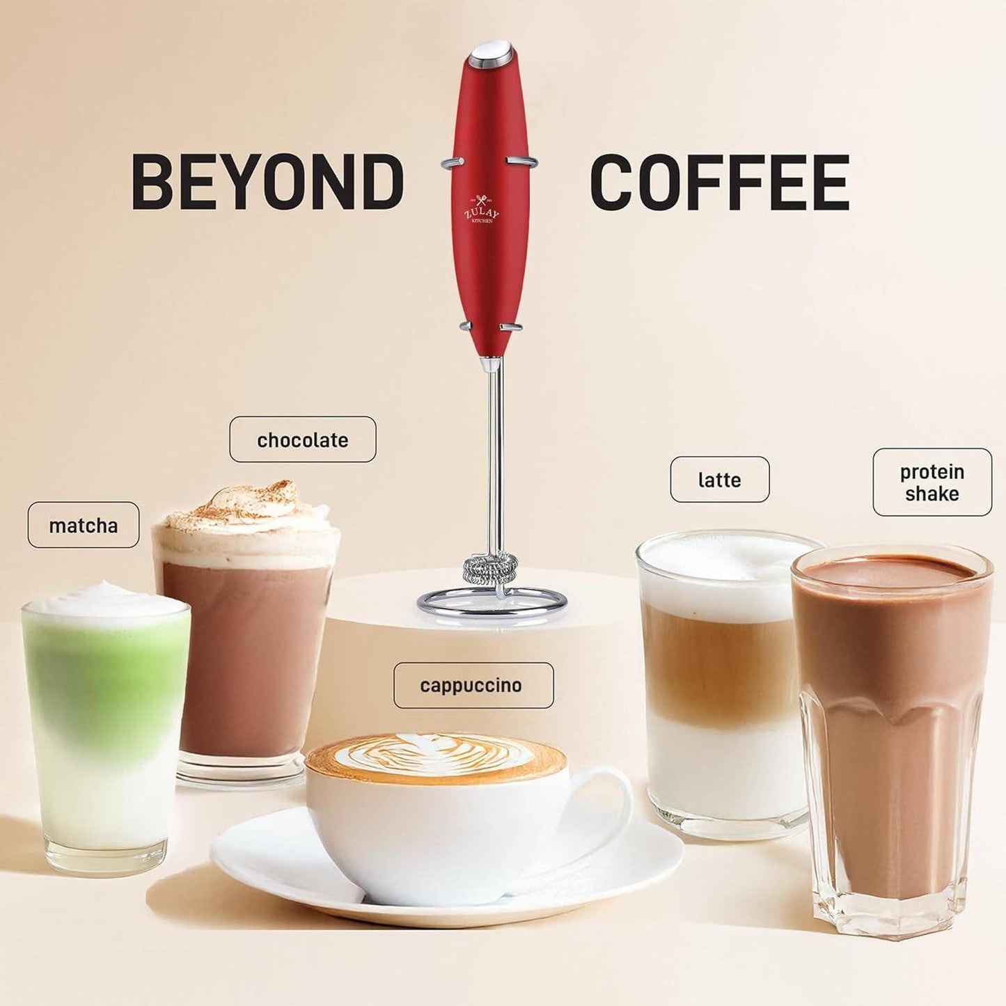 Zulay Double Whisk Milk Frother Handheld Mixer: Cardinal Red