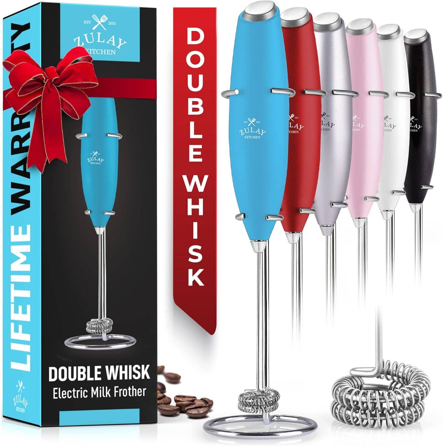 Zulay Double Whisk Milk Frother Handheld Mixer: Cardinal Red