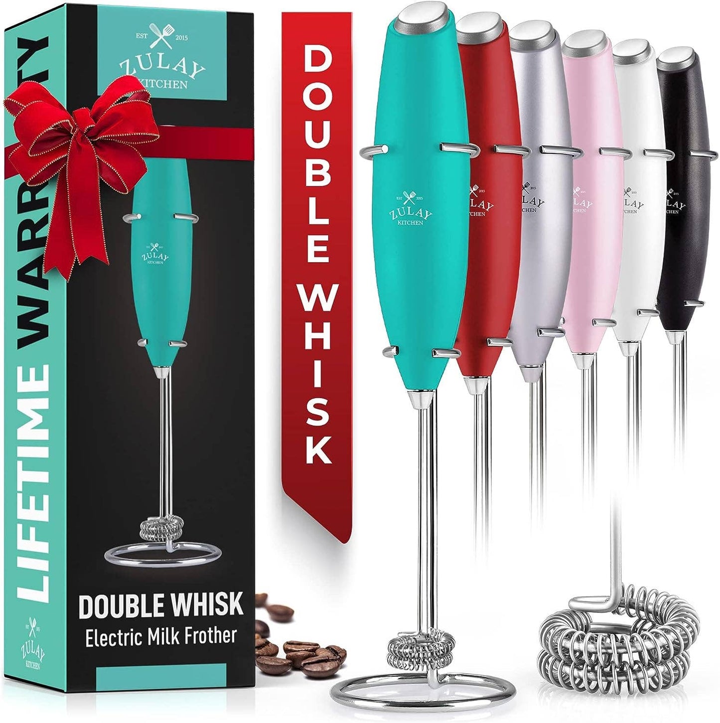 Zulay Double Whisk Milk Frother Handheld Mixer: Cardinal Red
