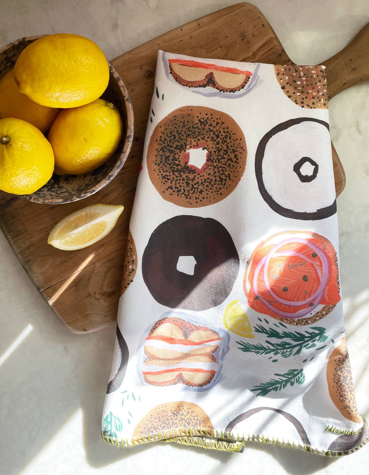 Bagel Cotton Tea Towel with Embroidered Detail