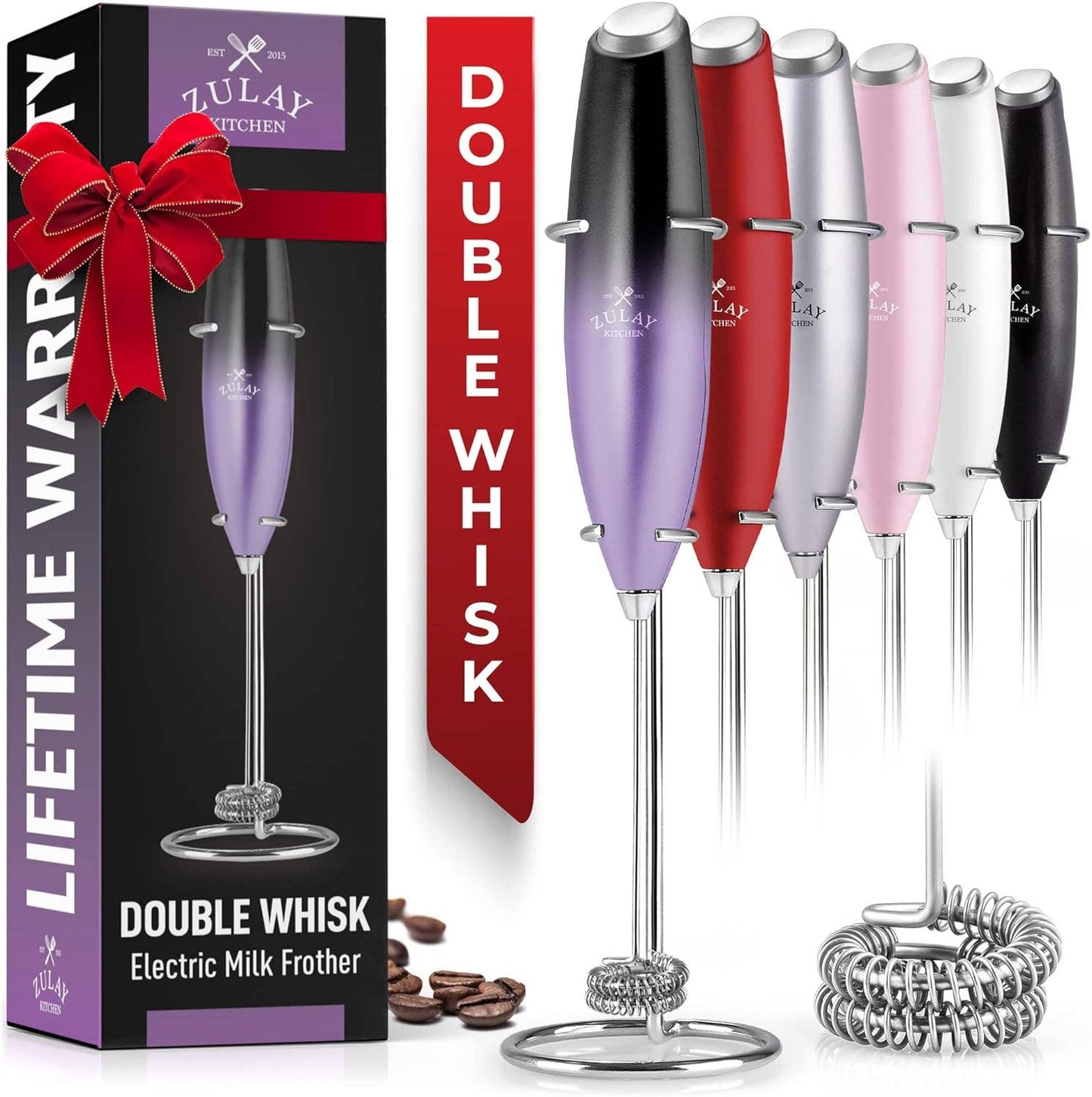 Zulay Double Whisk Milk Frother Handheld Mixer: Cardinal Red