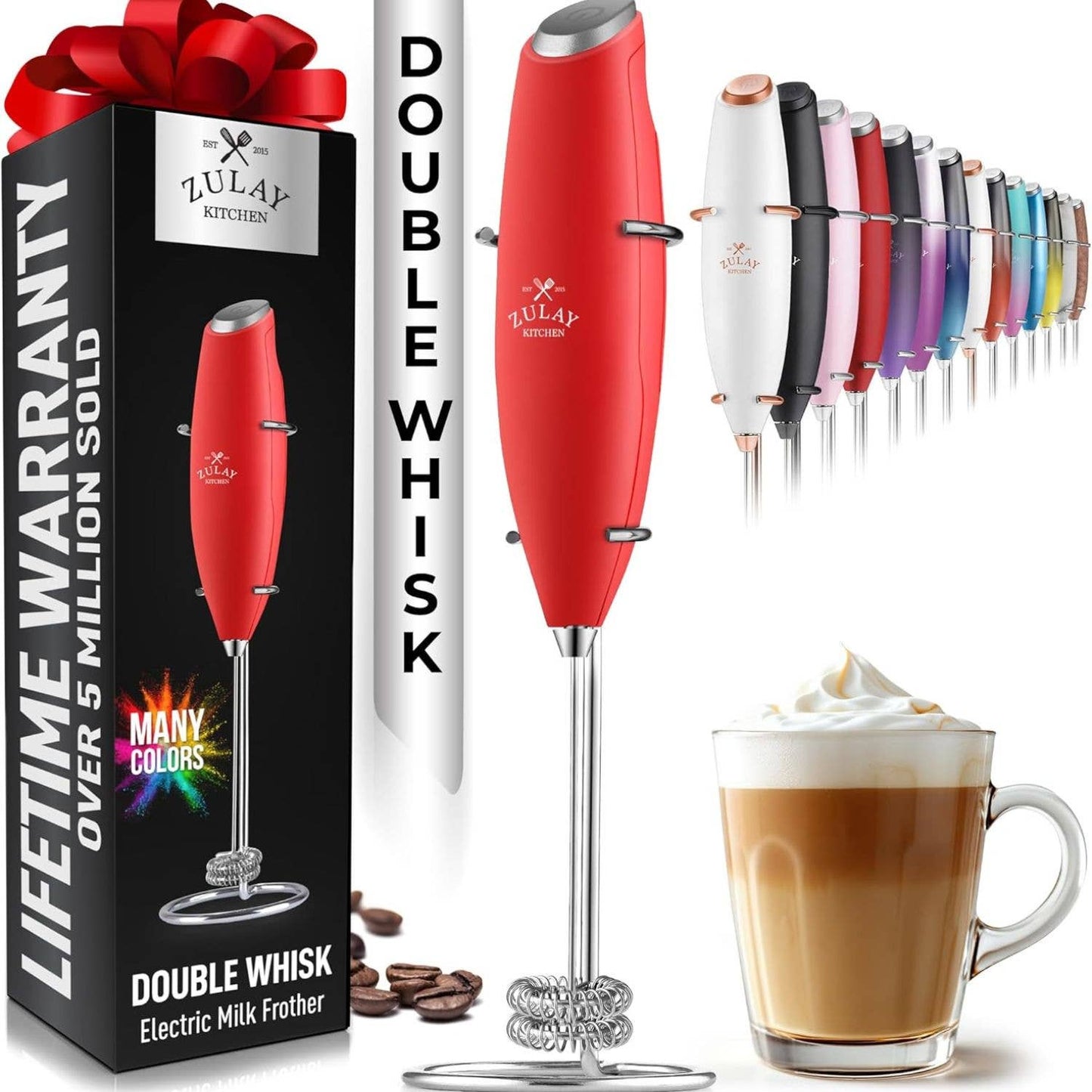 Zulay Double Whisk Milk Frother Handheld Mixer: Cardinal Red
