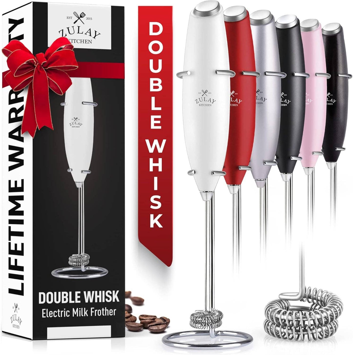 Zulay Double Whisk Milk Frother Handheld Mixer: Cardinal Red