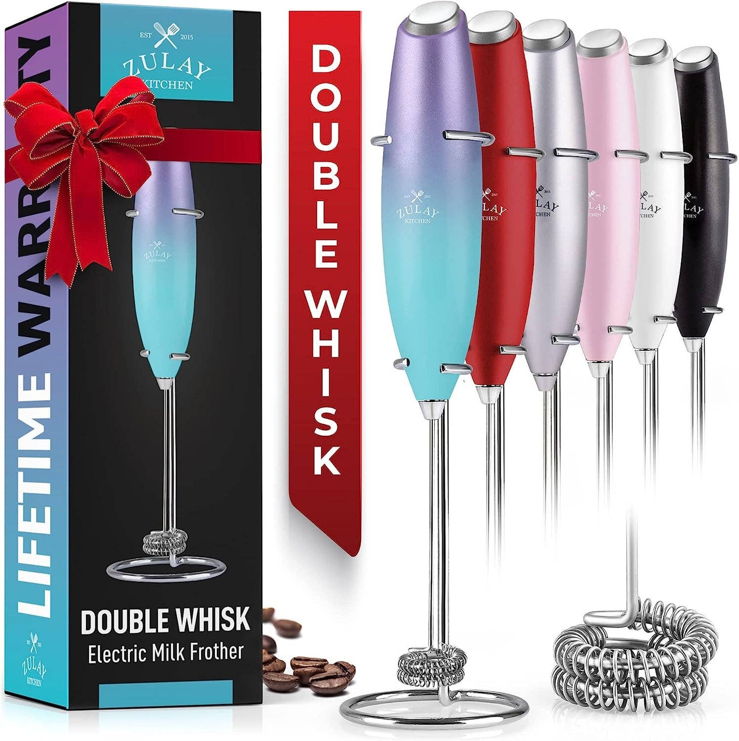 Zulay Double Whisk Milk Frother Handheld Mixer: Cardinal Red