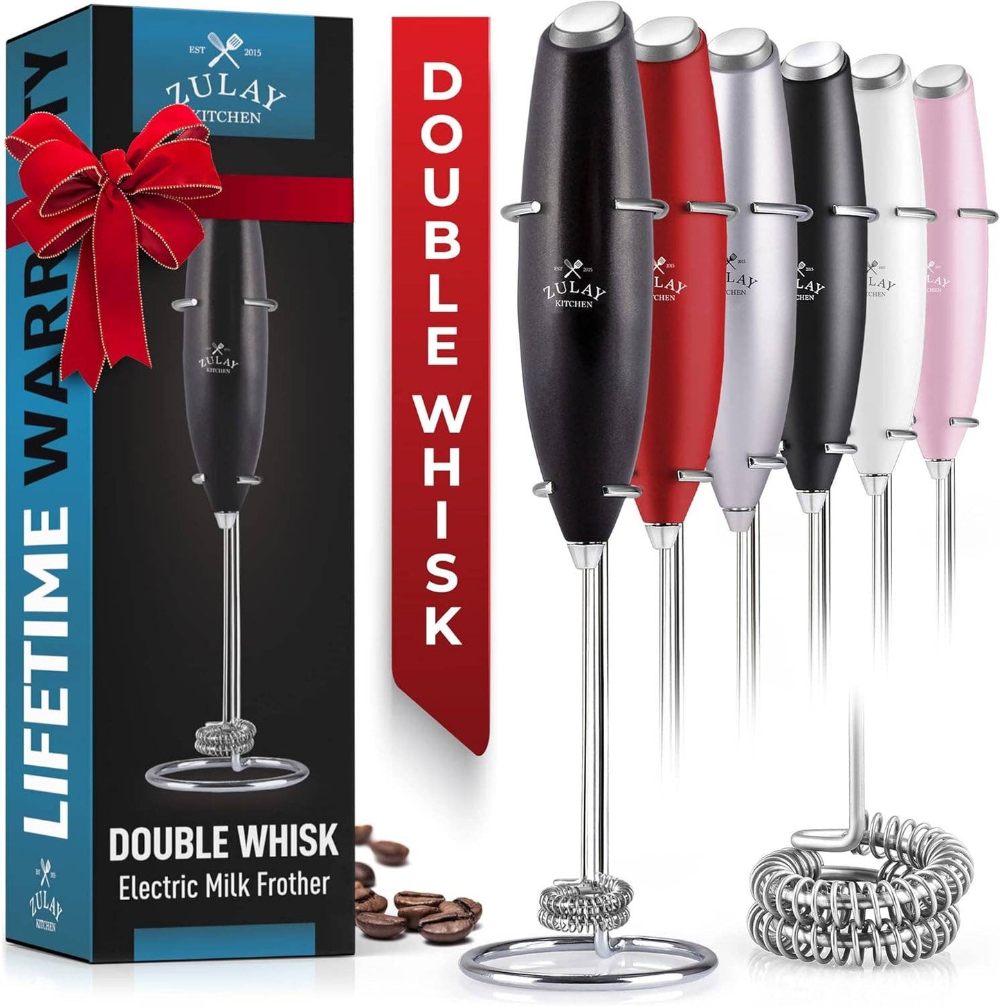 Zulay Double Whisk Milk Frother Handheld Mixer: Cardinal Red