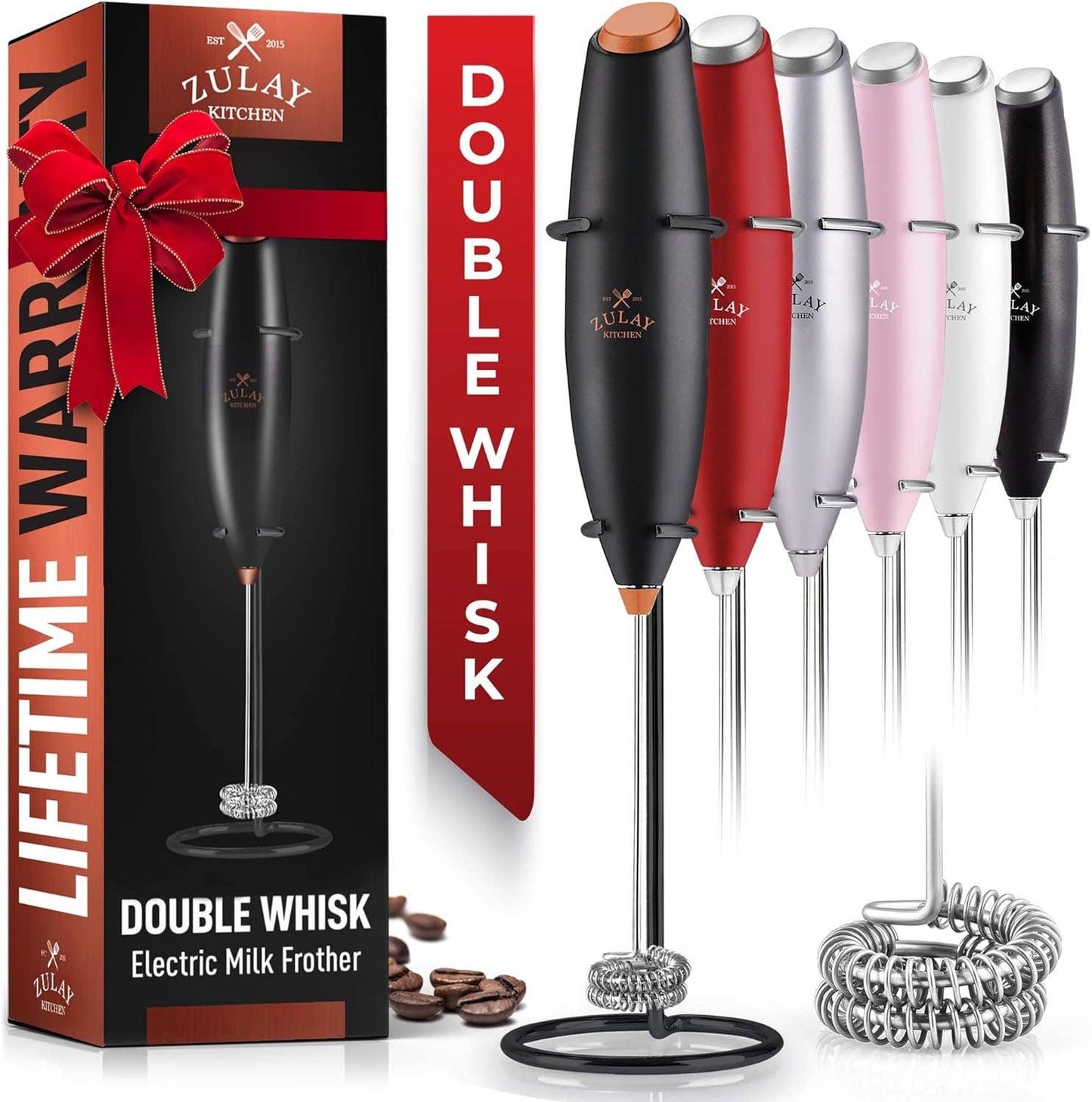 Zulay Double Whisk Milk Frother Handheld Mixer: Cardinal Red