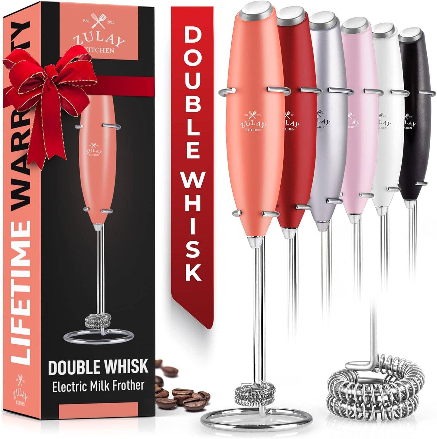 Zulay Double Whisk Milk Frother Handheld Mixer: Cardinal Red