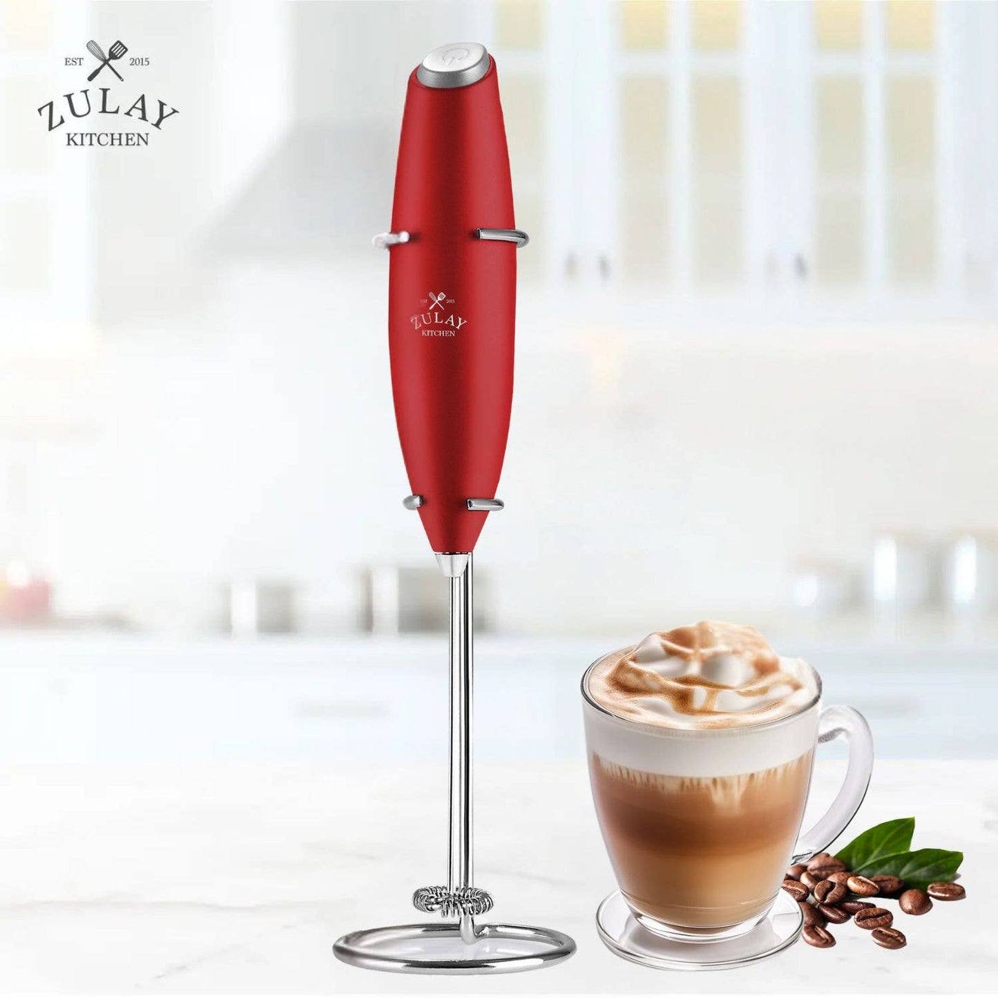 Zulay Double Whisk Milk Frother Handheld Mixer: Cardinal Red