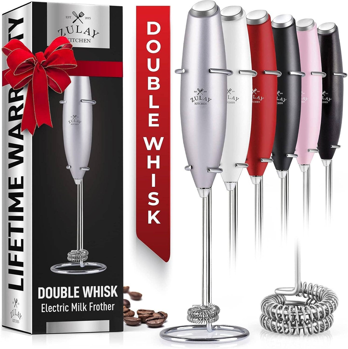 Zulay Double Whisk Milk Frother Handheld Mixer: Cardinal Red
