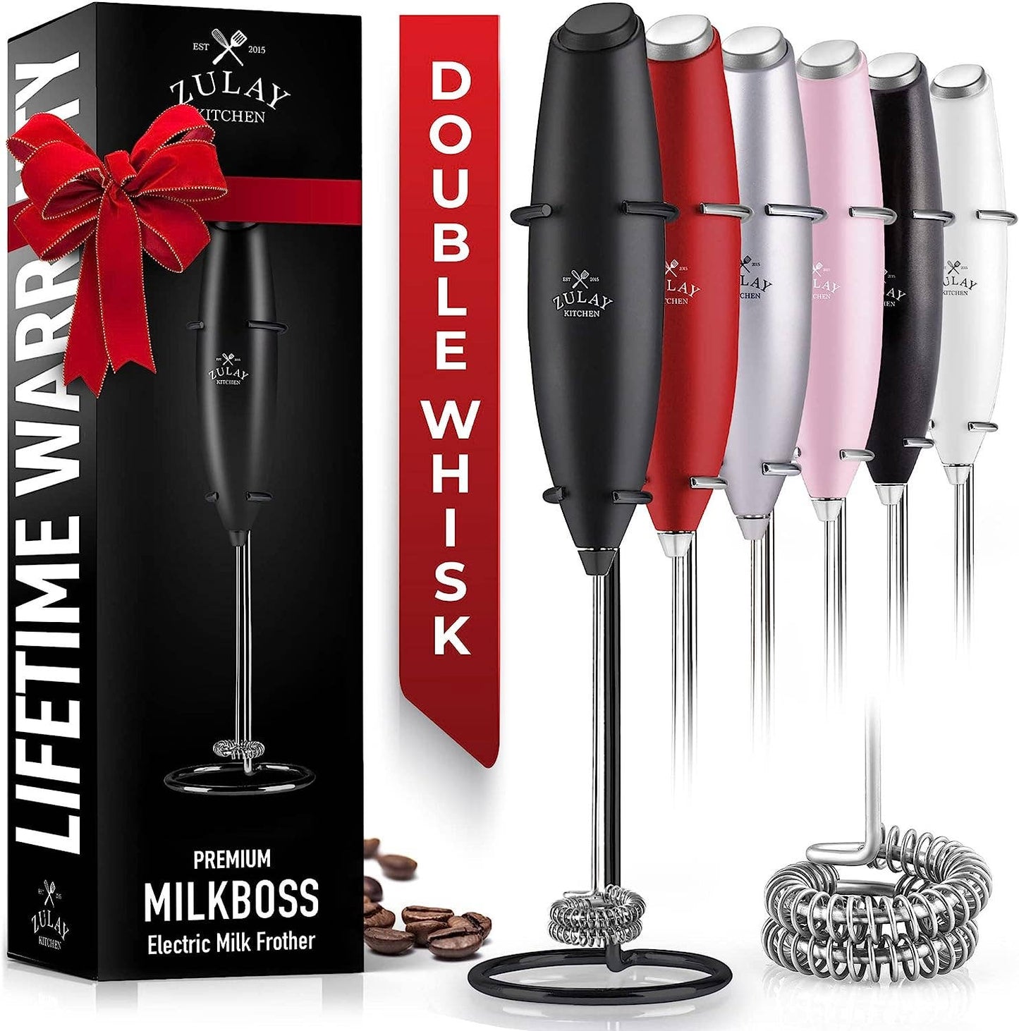 Zulay Double Whisk Milk Frother Handheld Mixer: Cardinal Red