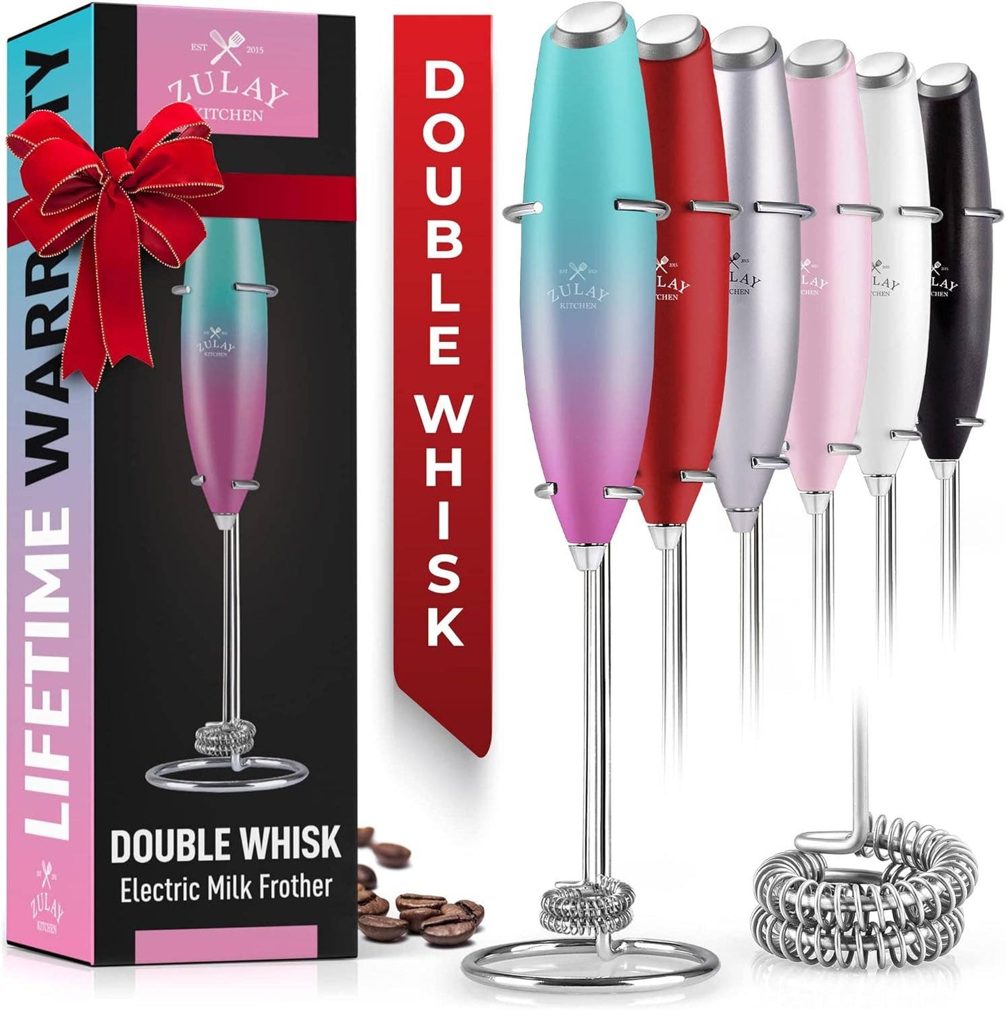 Zulay Double Whisk Milk Frother Handheld Mixer: Cardinal Red