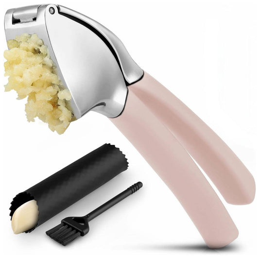 Garlic Press Stainless Steel w/ Peeler and Brush: Light Pink