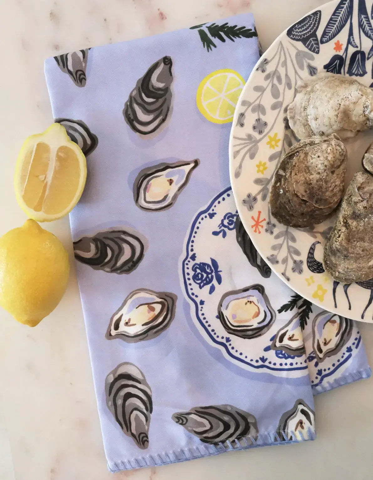 Oysters Cotton Tea Towel with Embroidered Detail