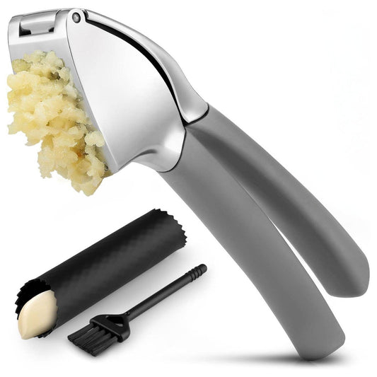 Garlic Press Stainless Steel w/ Peeler and Brush: Gray