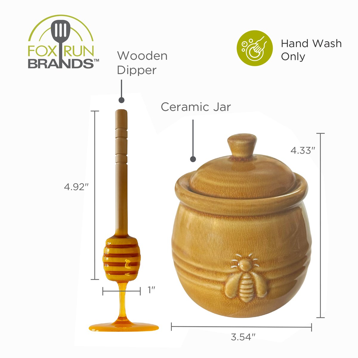 Fox Run Ceramic Honey Jar and Dipper, 10 Ounce Bee Themed Honey Pot