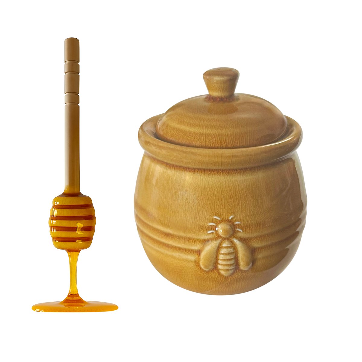 Fox Run Ceramic Honey Jar and Dipper, 10 Ounce Bee Themed Honey Pot