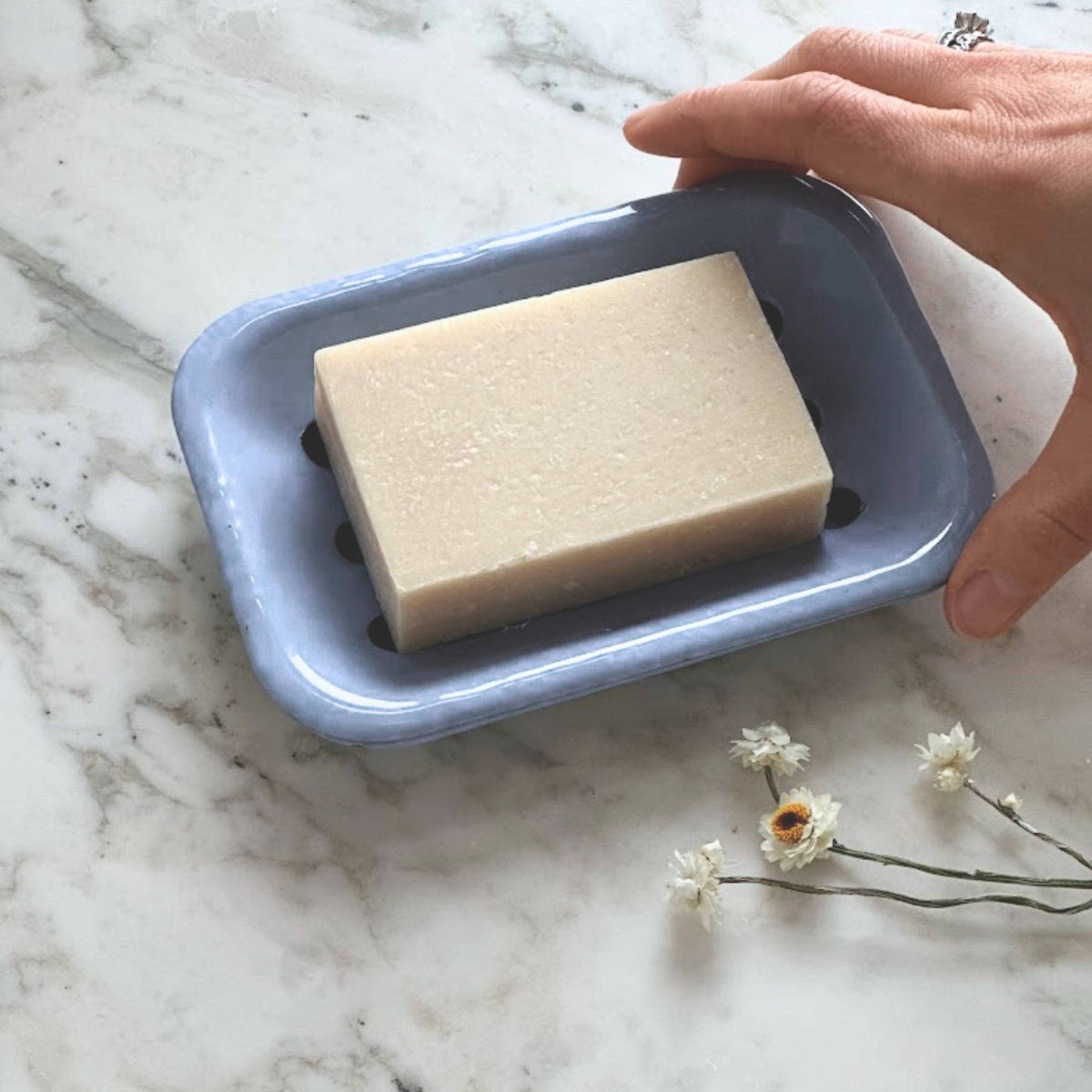 Enamel soap dish in hydrangea blue