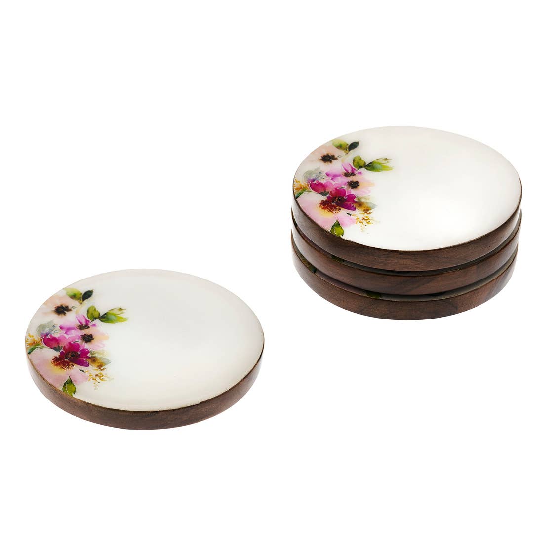 Claro Set of Four Wood Floral Coasters - Two Styles Avail: Whitewash