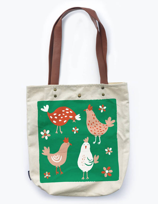 Chicken Field Canvas Tote Bag with Vegan Leather Handle
