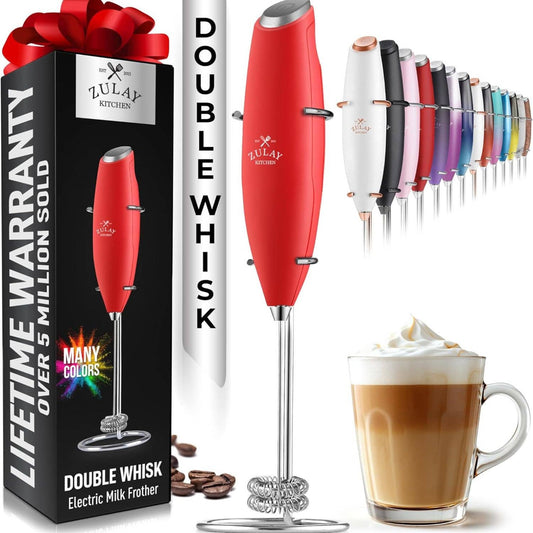 Zulay Double Whisk Milk Frother Handheld Mixer: Cardinal Red