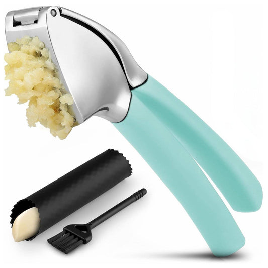 Garlic Press Stainless Steel w/ Peeler and Brush: Light Blue