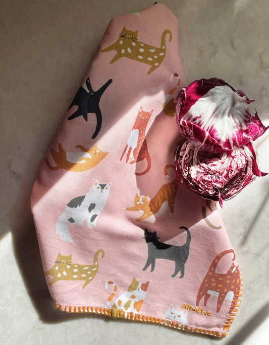 Cats Cotton Tea Towel with Embroidered Detail