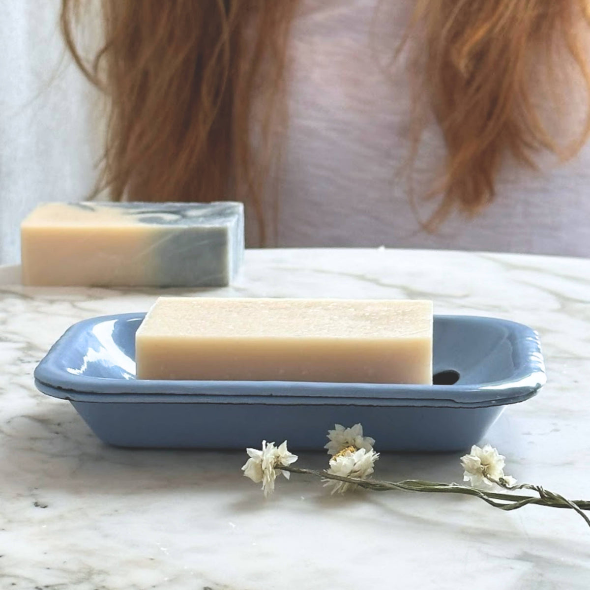 Enamel soap dish in hydrangea blue