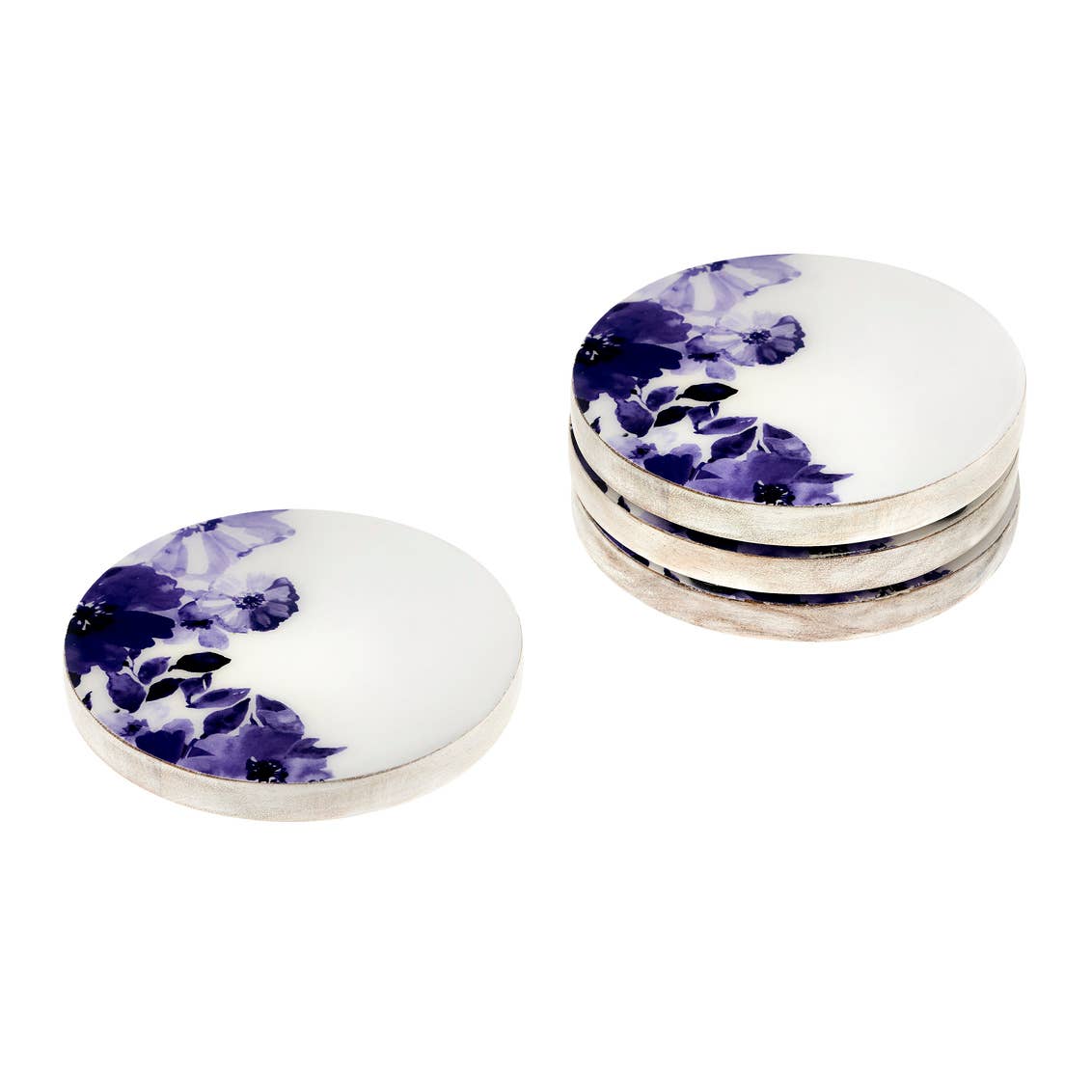 Claro Set of Four Wood Floral Coasters - Two Styles Avail: Whitewash