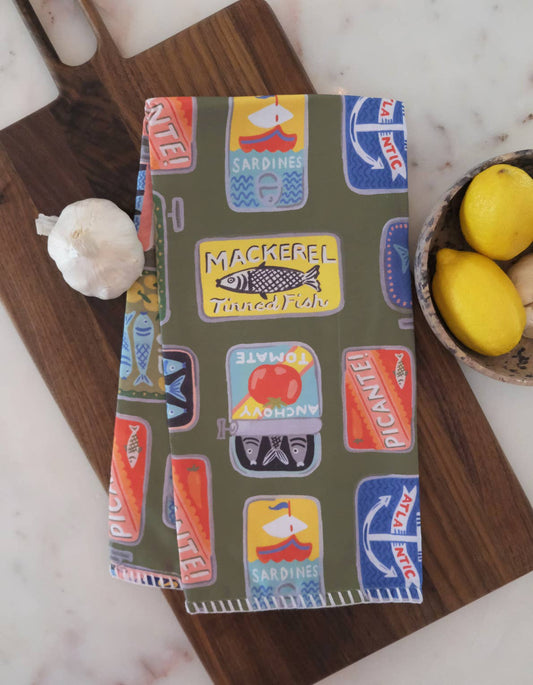 Tinned Fish Cotton Tea Towel with Embroidered Detail
