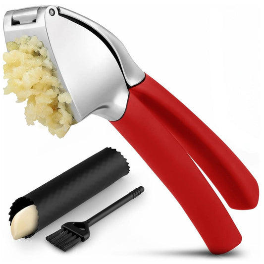 Garlic Press Stainless Steel w/ Peeler and Brush: Red